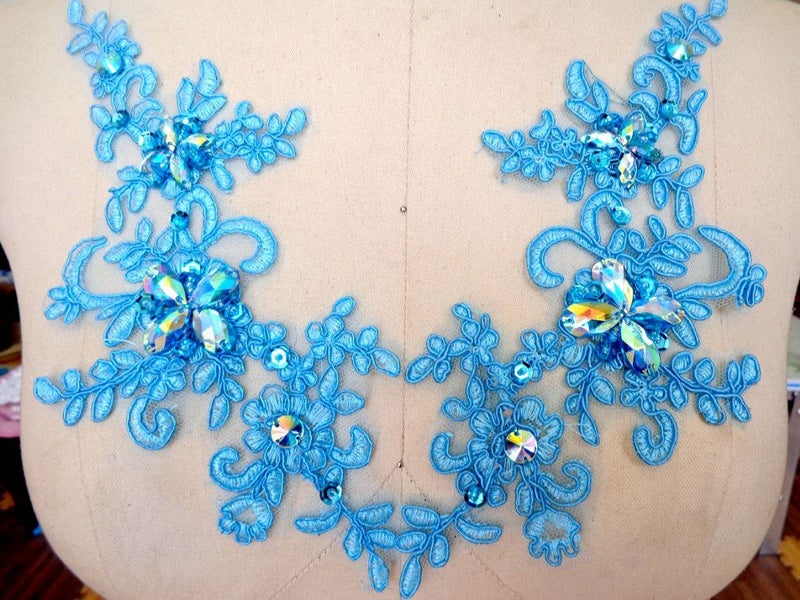 Zbroh Handmade Sequins Rhinestones Patches Sew on Light Blue Colour Lace Applique Delicate Embroidered 23X10cm for Dress - Image 2